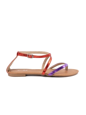 Ploché sandály s fialovo-červenými řemínky