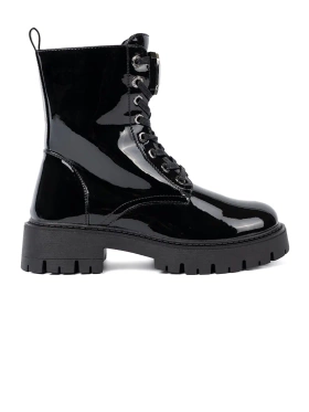 Lakované kotníkové černé dámské boty na šněrování